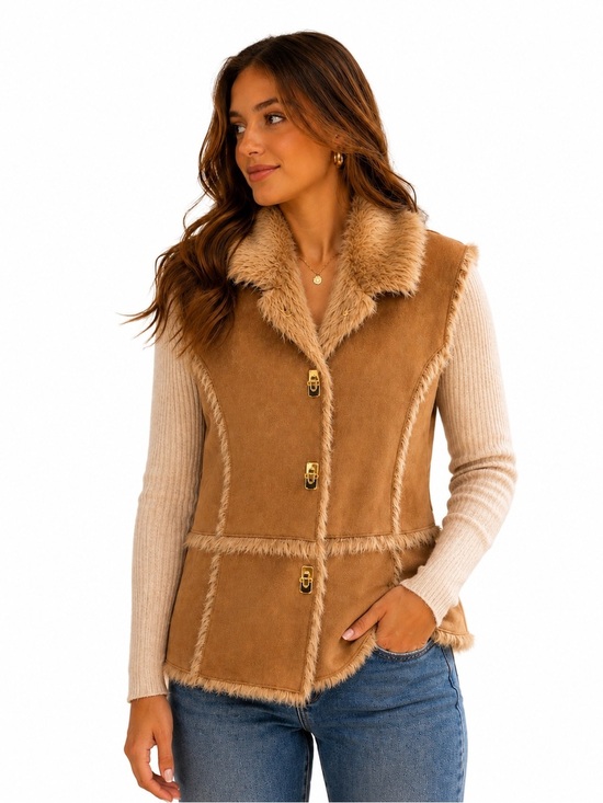 Lisa international Jackets & Blazers - Lisa International Tan Faux Shearling-Trim Vest with Gold Hardware